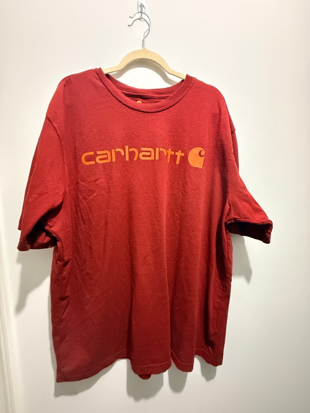 Carhartt Men’s Red Short-Sleeve Logo Tee with Orange Print